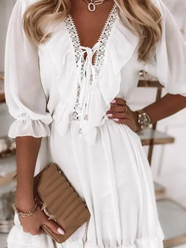 Elegant Mosaic Pattern V Neck Chiffon Dress for Effortless Style