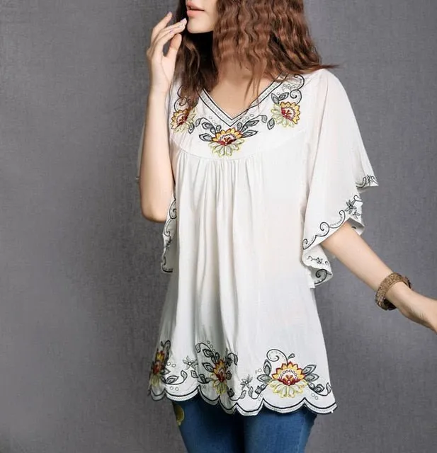 Floral Embroidery Boho Style Batwing Sleeve V-Neck Befree Blouse