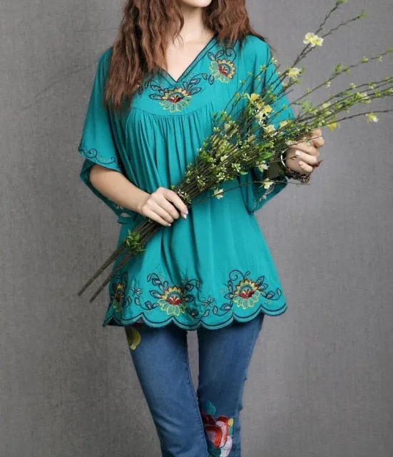 Floral Embroidery Boho Style Batwing Sleeve V-Neck Befree Blouse