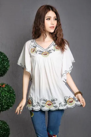 Floral Embroidery Boho Style Batwing Sleeve V-Neck Befree Blouse