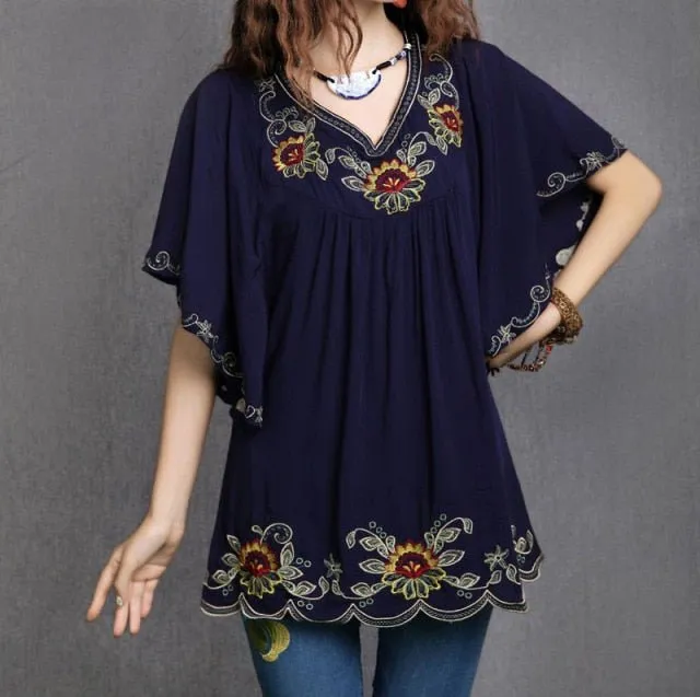 Floral Embroidery Boho Style Batwing Sleeve V-Neck Befree Blouse