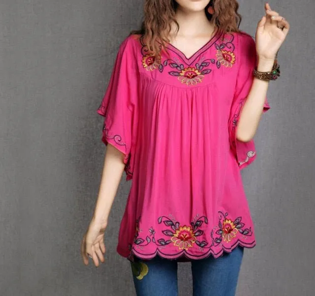 Floral Embroidery Boho Style Batwing Sleeve V-Neck Befree Blouse