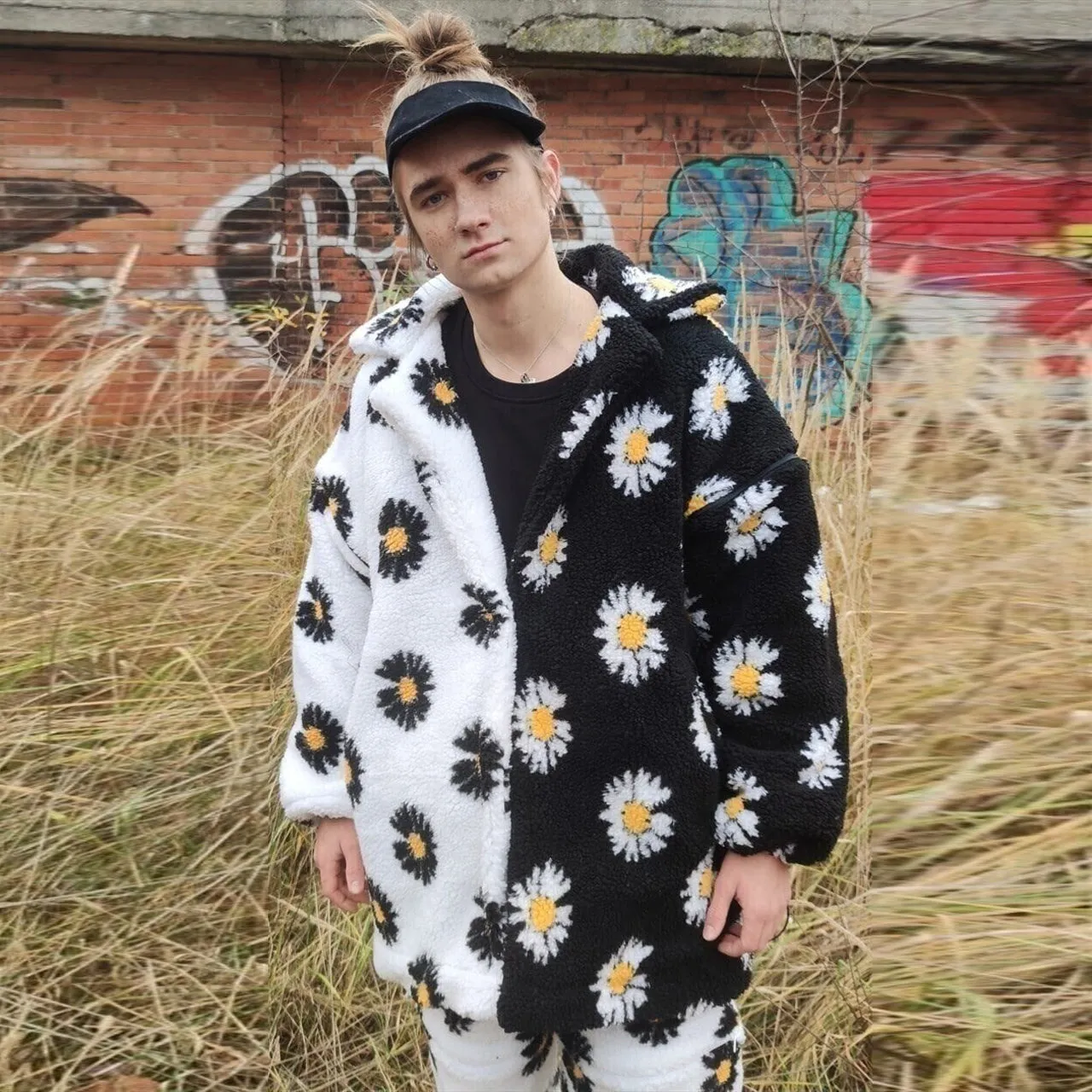 Floral fleece jacket handmade daisy trench coat white black