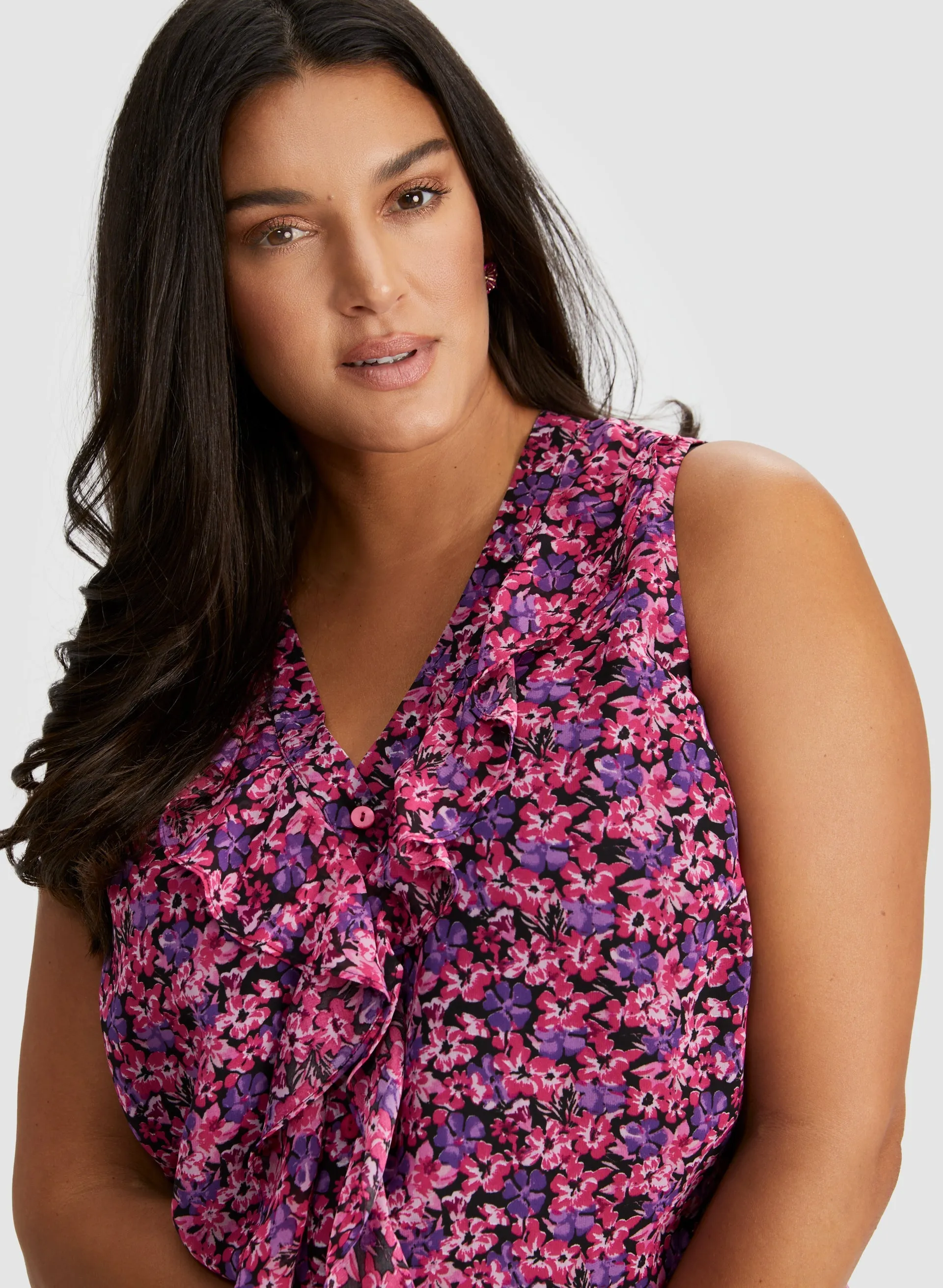 Floral Print Sleeveless Ruffle Blouse