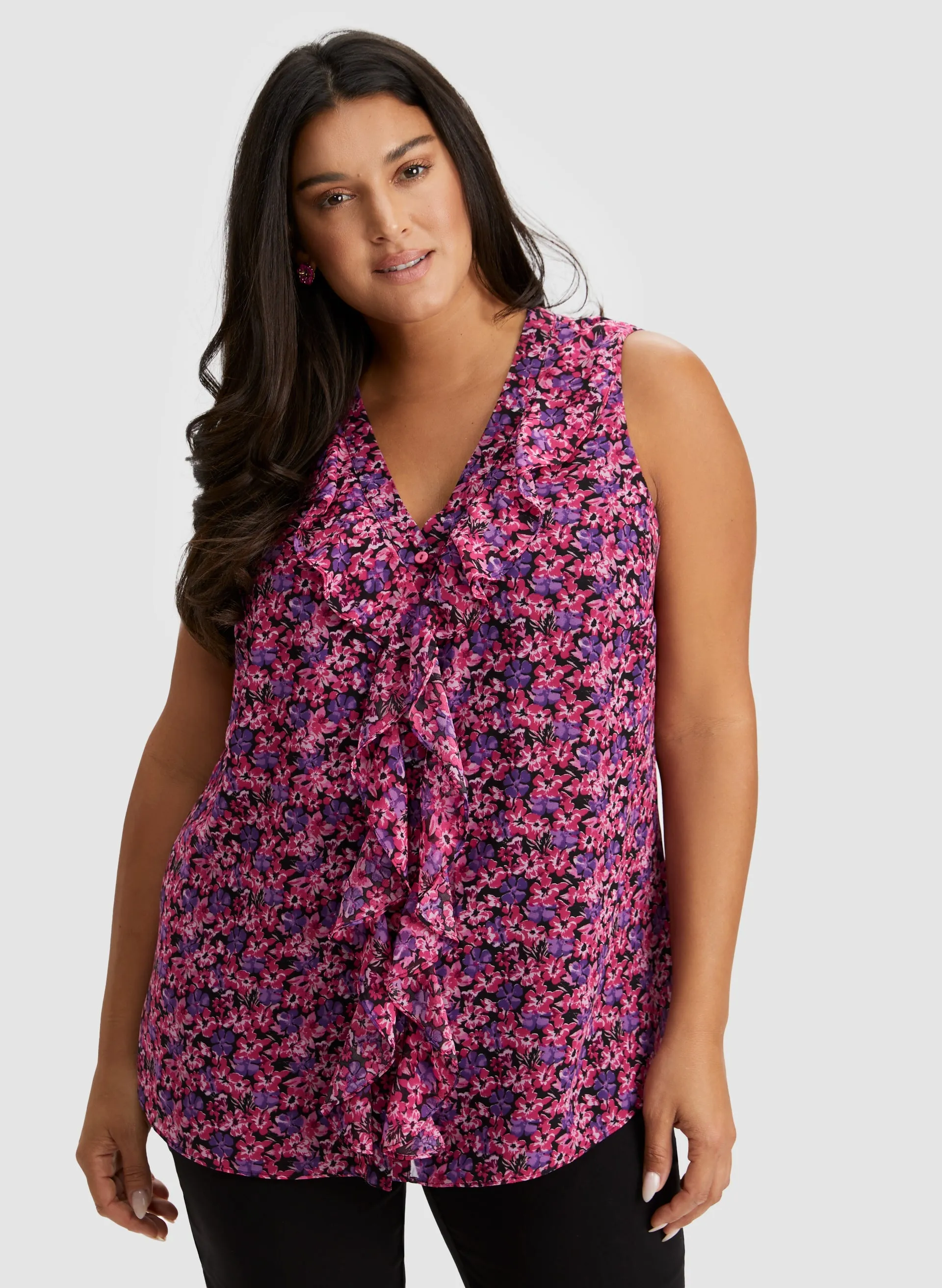 Floral Print Sleeveless Ruffle Blouse