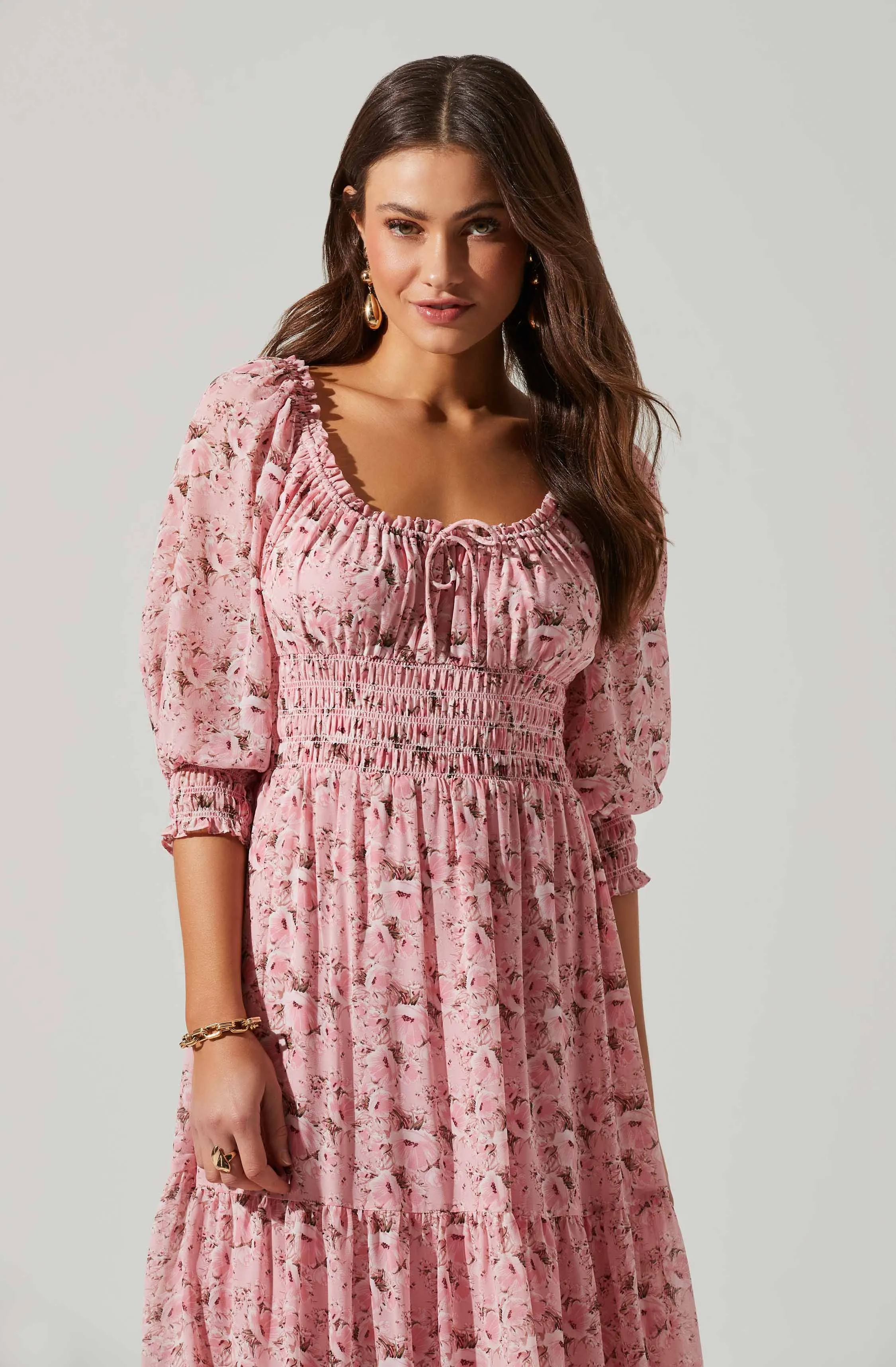 Floral Smocked Waist Tiered Midi Dress