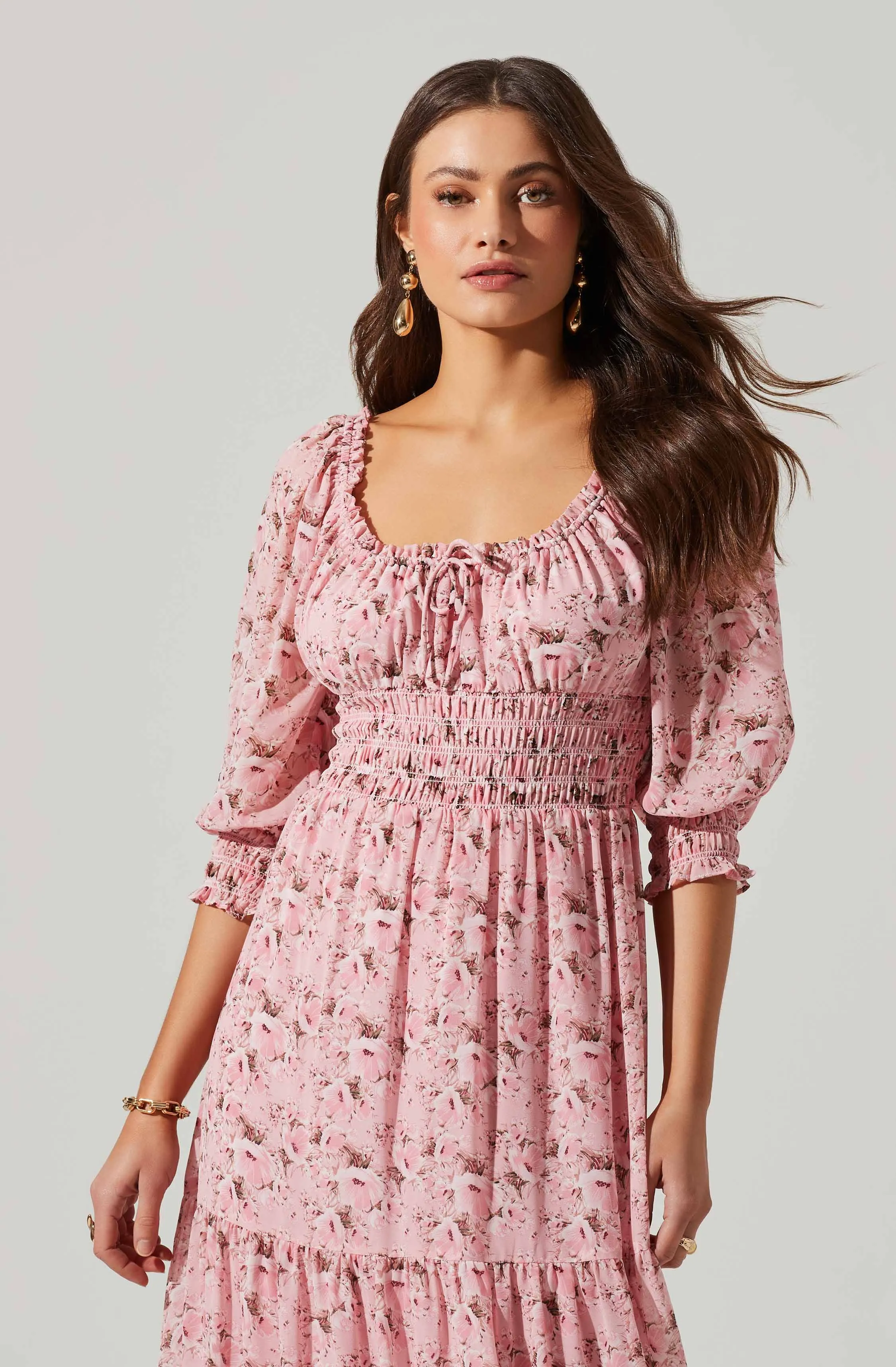 Floral Smocked Waist Tiered Midi Dress
