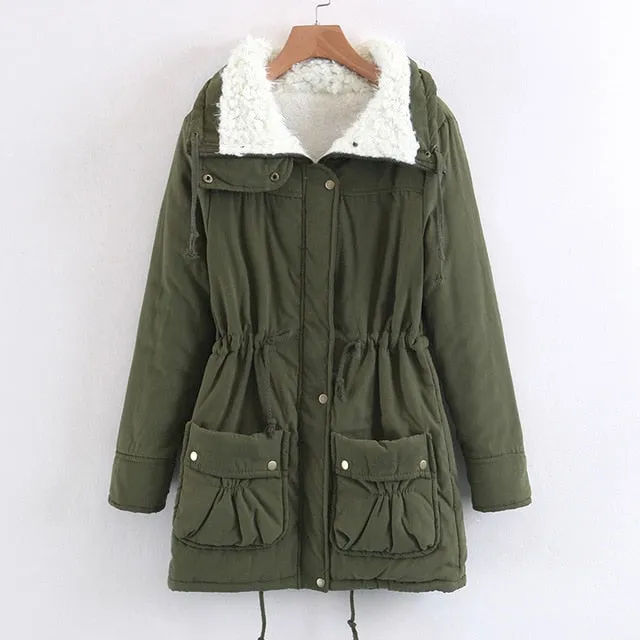 (Free Shipping) Woman turn-down Collar Drawstring Waist Warm Casual Long Coat Outwear Winter Women Coat Jacket