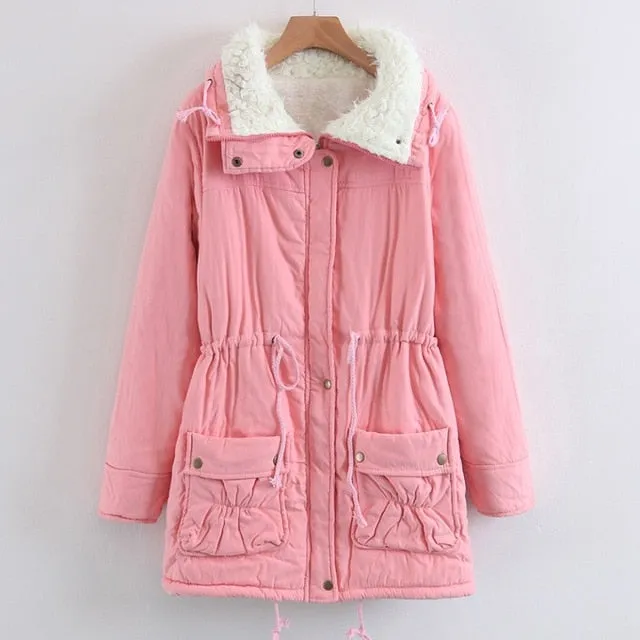 (Free Shipping) Woman turn-down Collar Drawstring Waist Warm Casual Long Coat Outwear Winter Women Coat Jacket