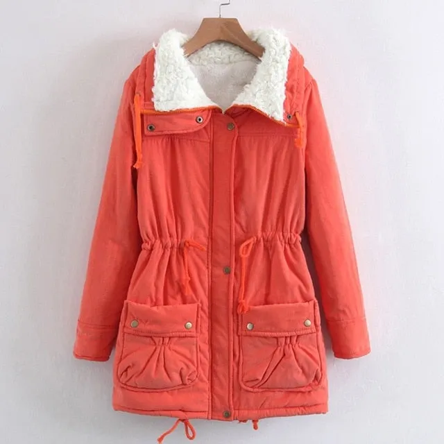 (Free Shipping) Woman turn-down Collar Drawstring Waist Warm Casual Long Coat Outwear Winter Women Coat Jacket