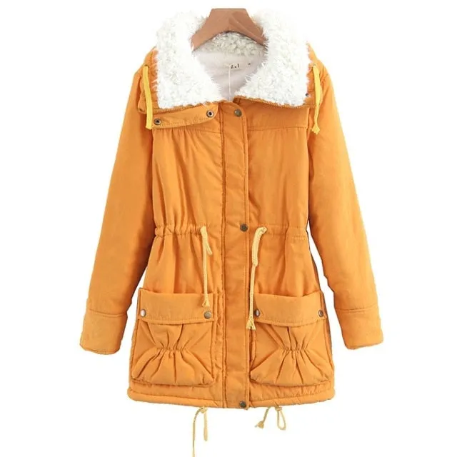 (Free Shipping) Woman turn-down Collar Drawstring Waist Warm Casual Long Coat Outwear Winter Women Coat Jacket