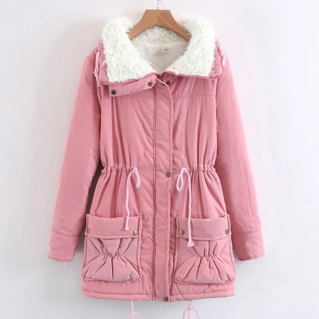 (Free Shipping) Woman turn-down Collar Drawstring Waist Warm Casual Long Coat Outwear Winter Women Coat Jacket