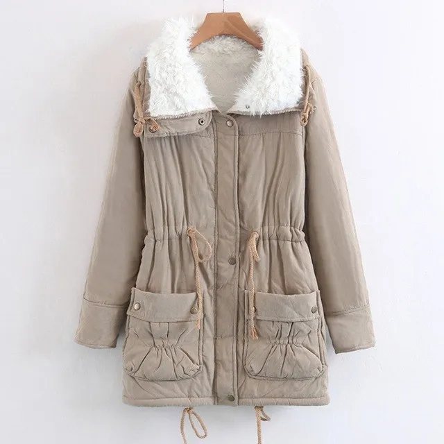 (Free Shipping) Woman turn-down Collar Drawstring Waist Warm Casual Long Coat Outwear Winter Women Coat Jacket