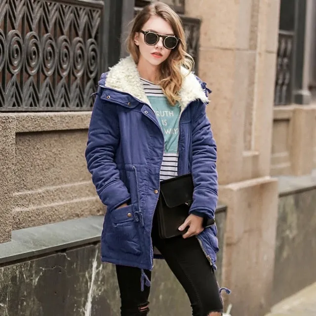 (Free Shipping) Woman turn-down Collar Drawstring Waist Warm Casual Long Coat Outwear Winter Women Coat Jacket