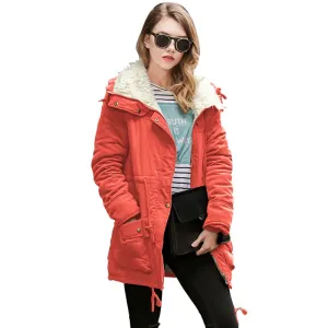 (Free Shipping) Woman turn-down Collar Drawstring Waist Warm Casual Long Coat Outwear Winter Women Coat Jacket
