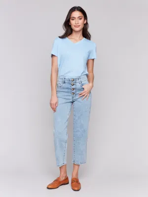 Front Button-Fly Straight Crop Jeans - Light Blue