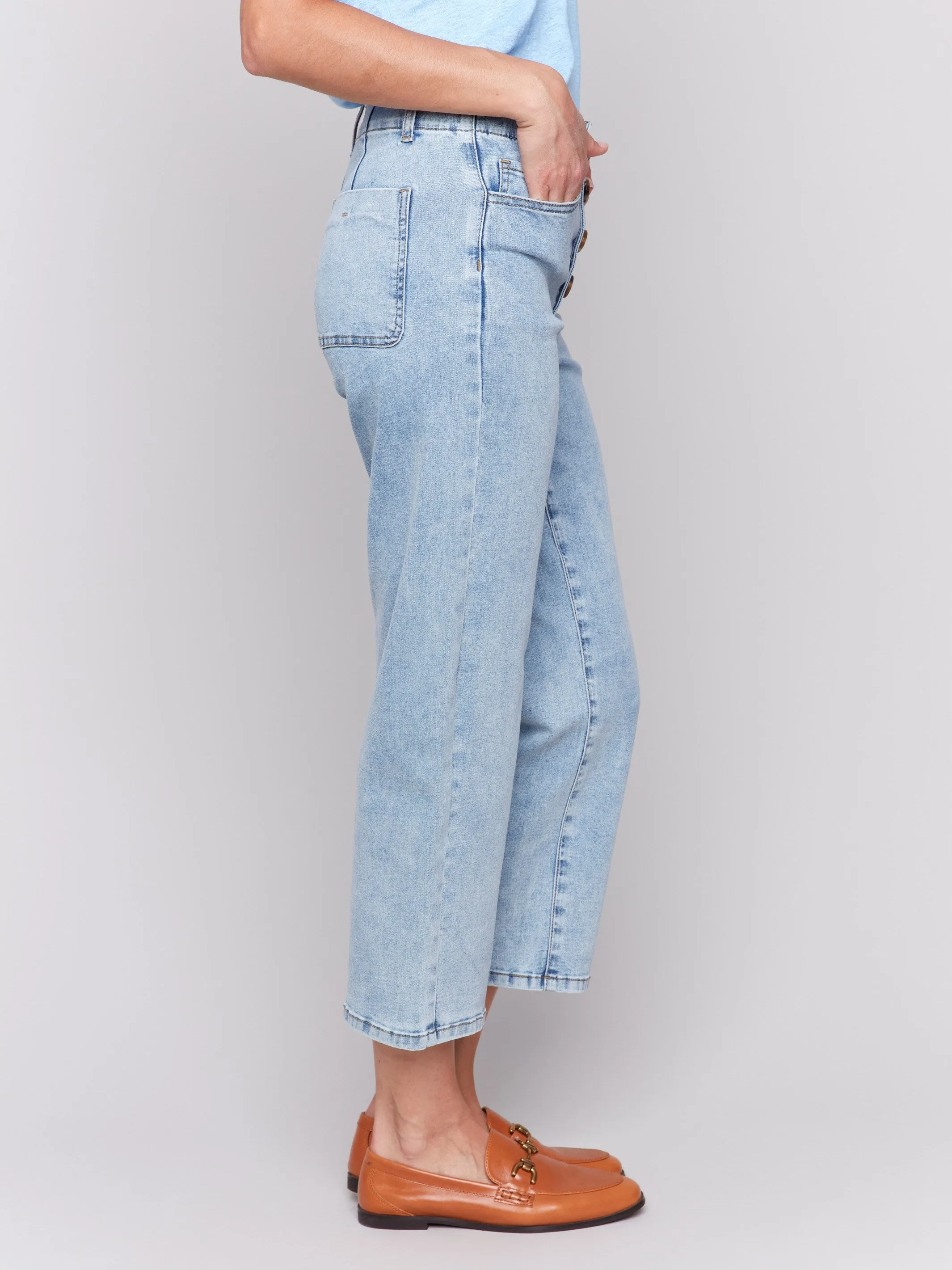 Front Button-Fly Straight Crop Jeans - Light Blue