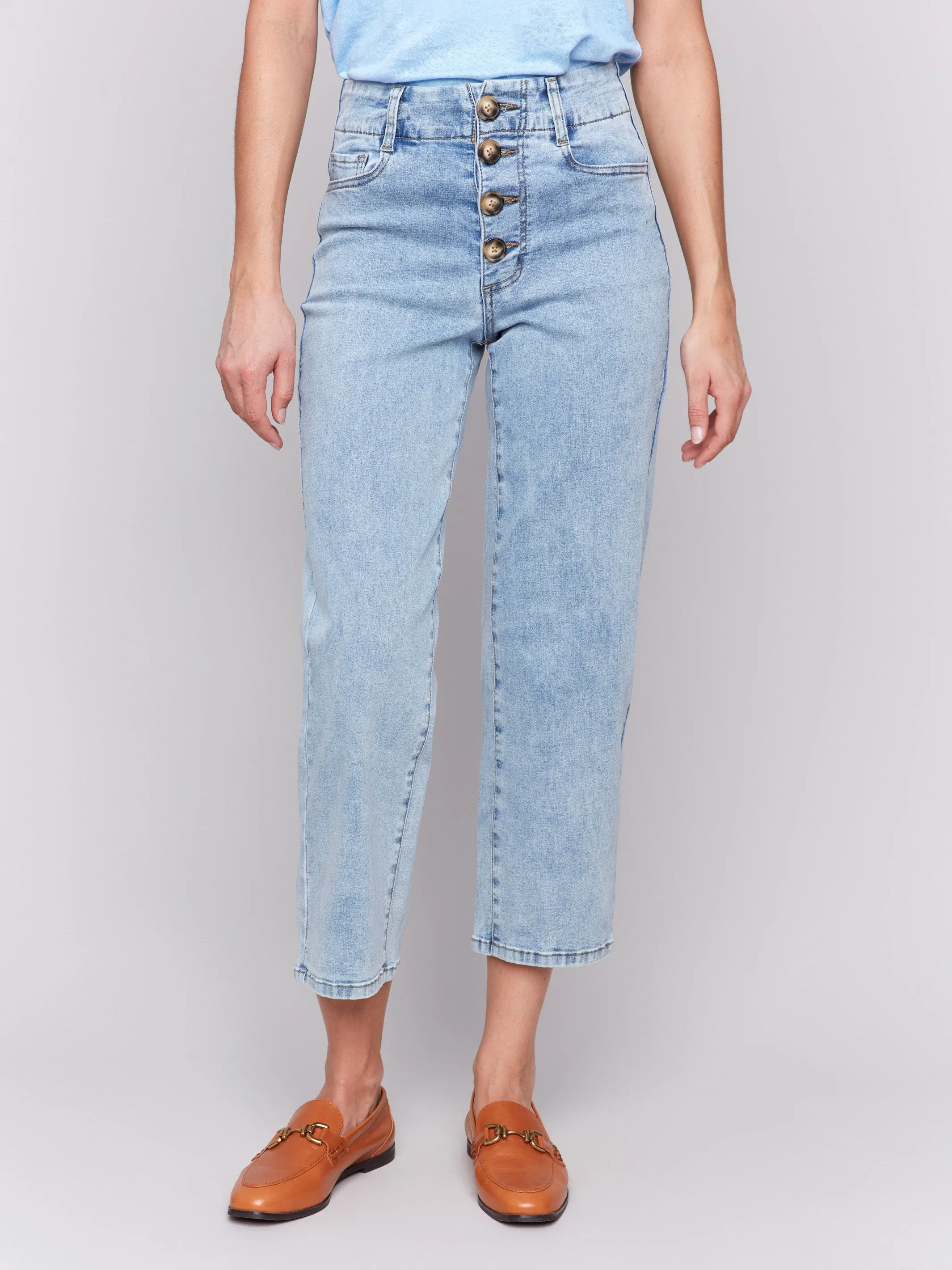 Front Button-Fly Straight Crop Jeans - Light Blue