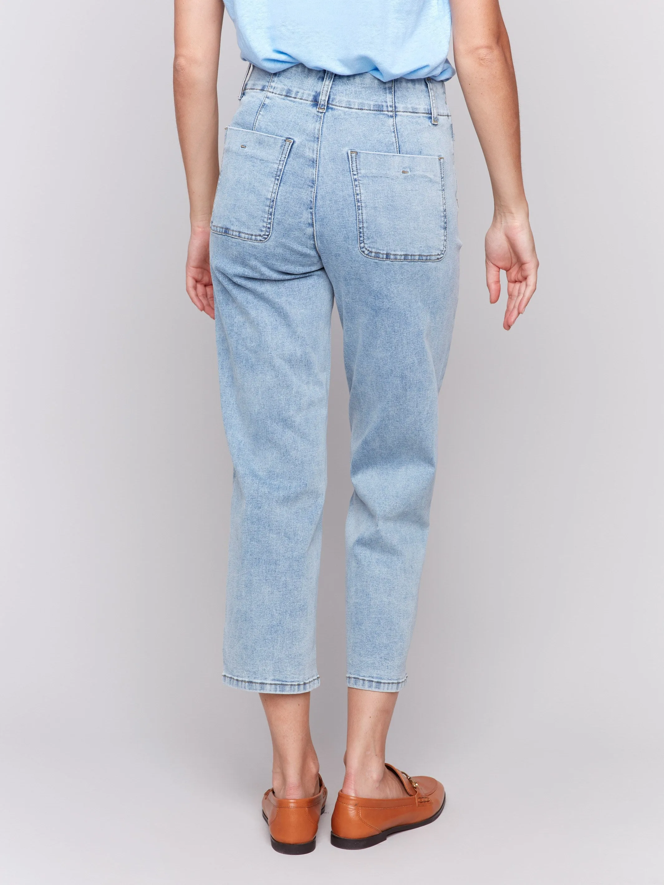 Front Button-Fly Straight Crop Jeans - Light Blue