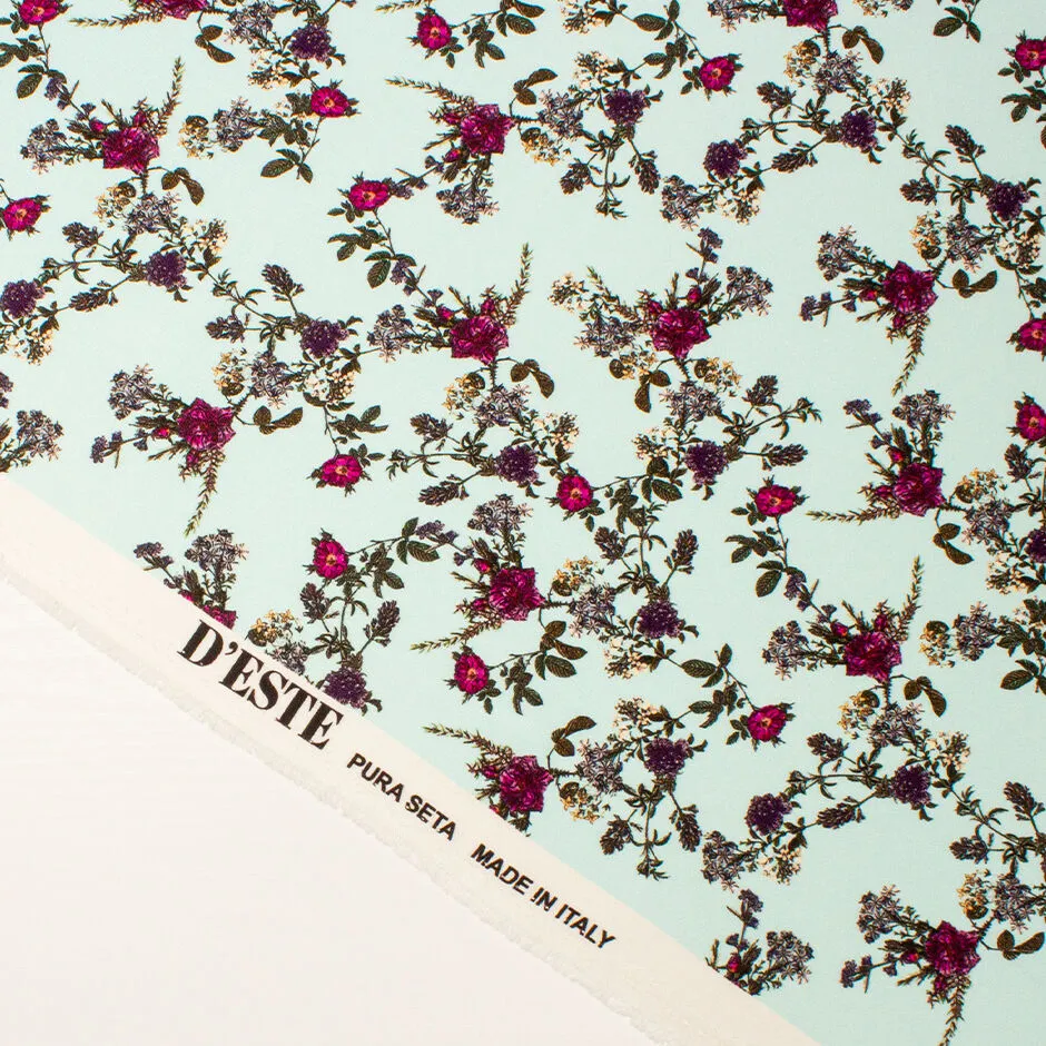 Fuchsia Floral Printed Pale Aqua Double Silk Satin Crêpe