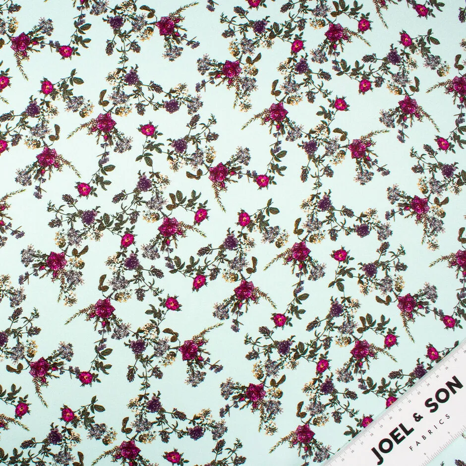 Fuchsia Floral Printed Pale Aqua Double Silk Satin Crêpe