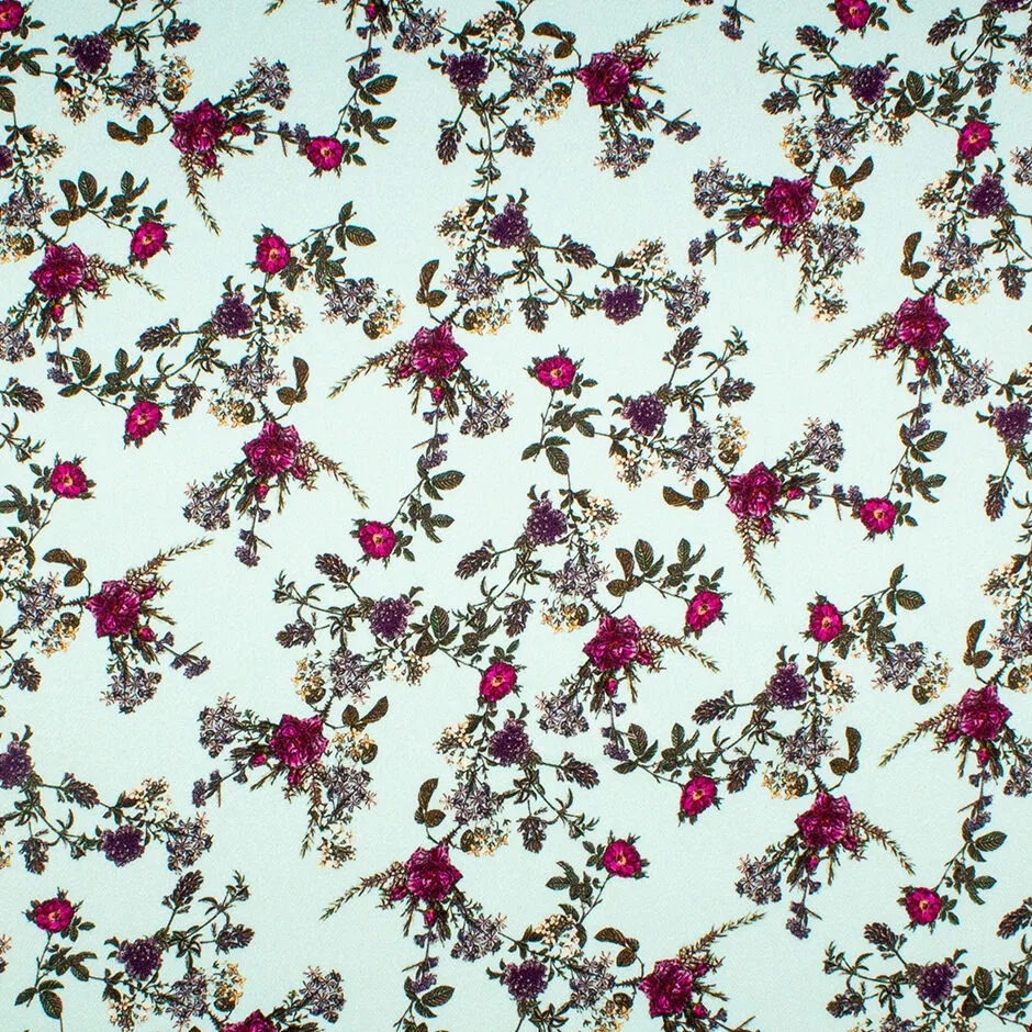 Fuchsia Floral Printed Pale Aqua Double Silk Satin Crêpe