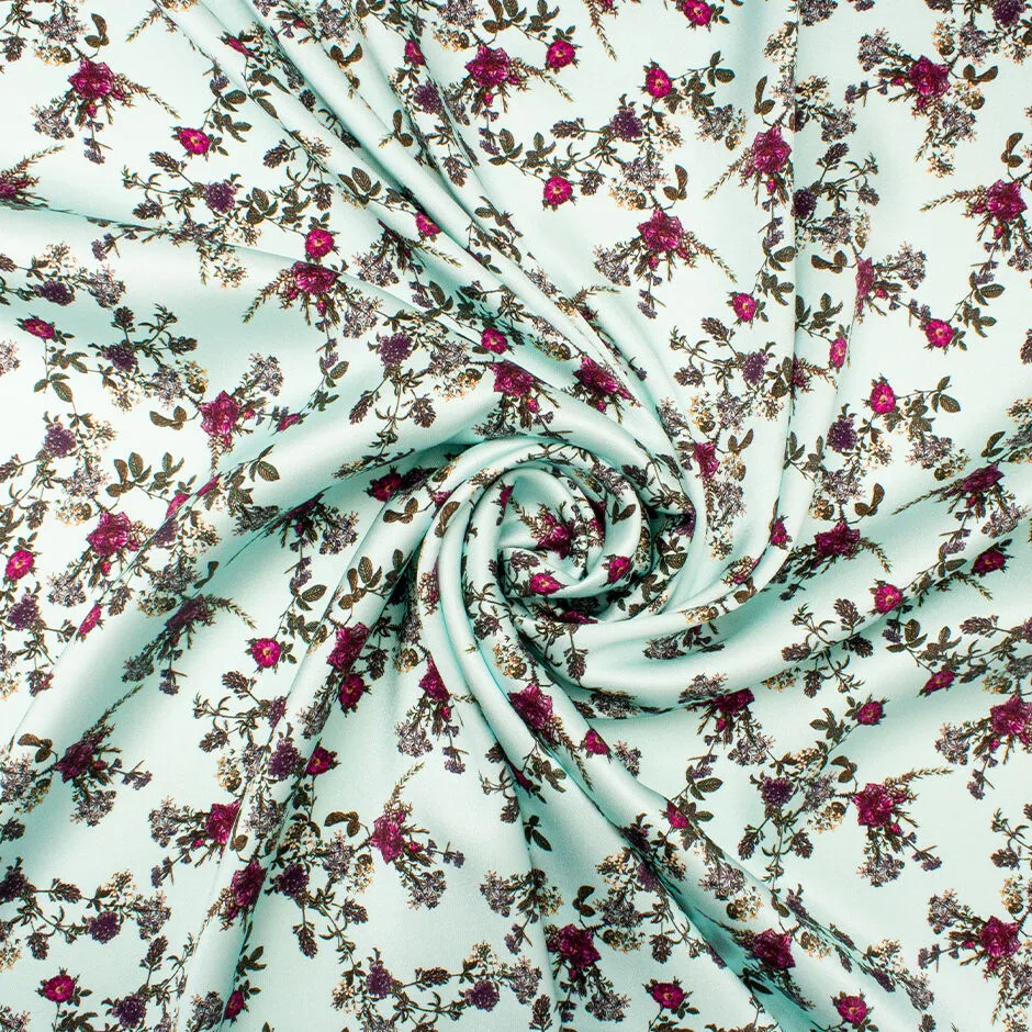 Fuchsia Floral Printed Pale Aqua Double Silk Satin Crêpe