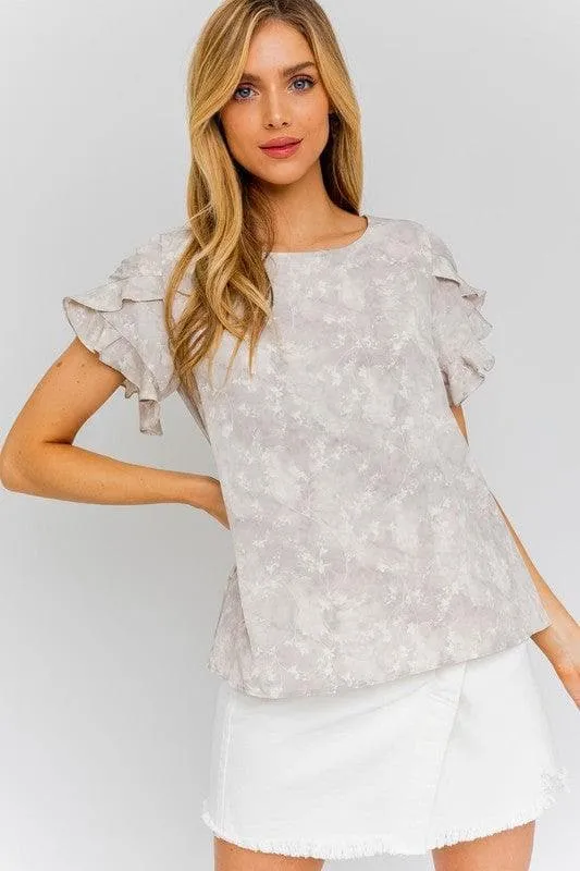 GILLI Overlap Ruffle Sleeve Ditsy Print Top