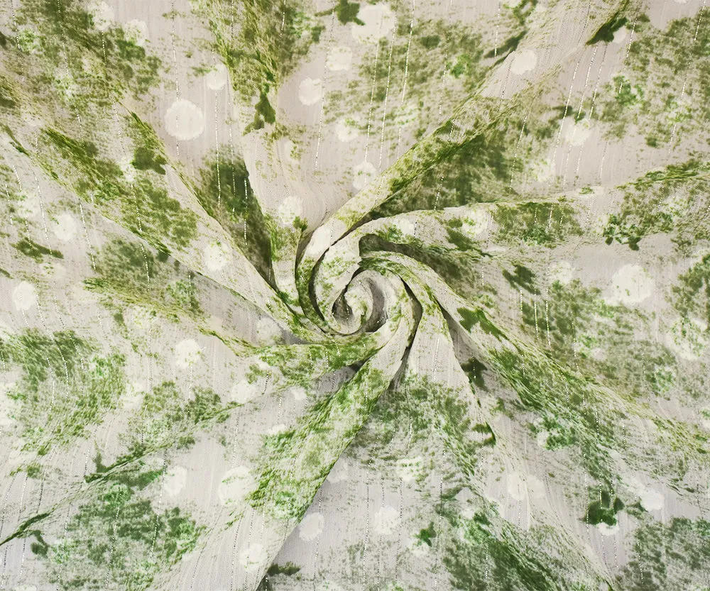 Green-White-Silver Texture Print Poly Metallic Stripe Yoryu Chiffon Fabric