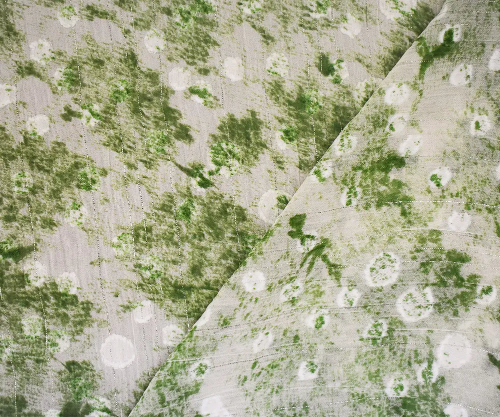 Green-White-Silver Texture Print Poly Metallic Stripe Yoryu Chiffon Fabric