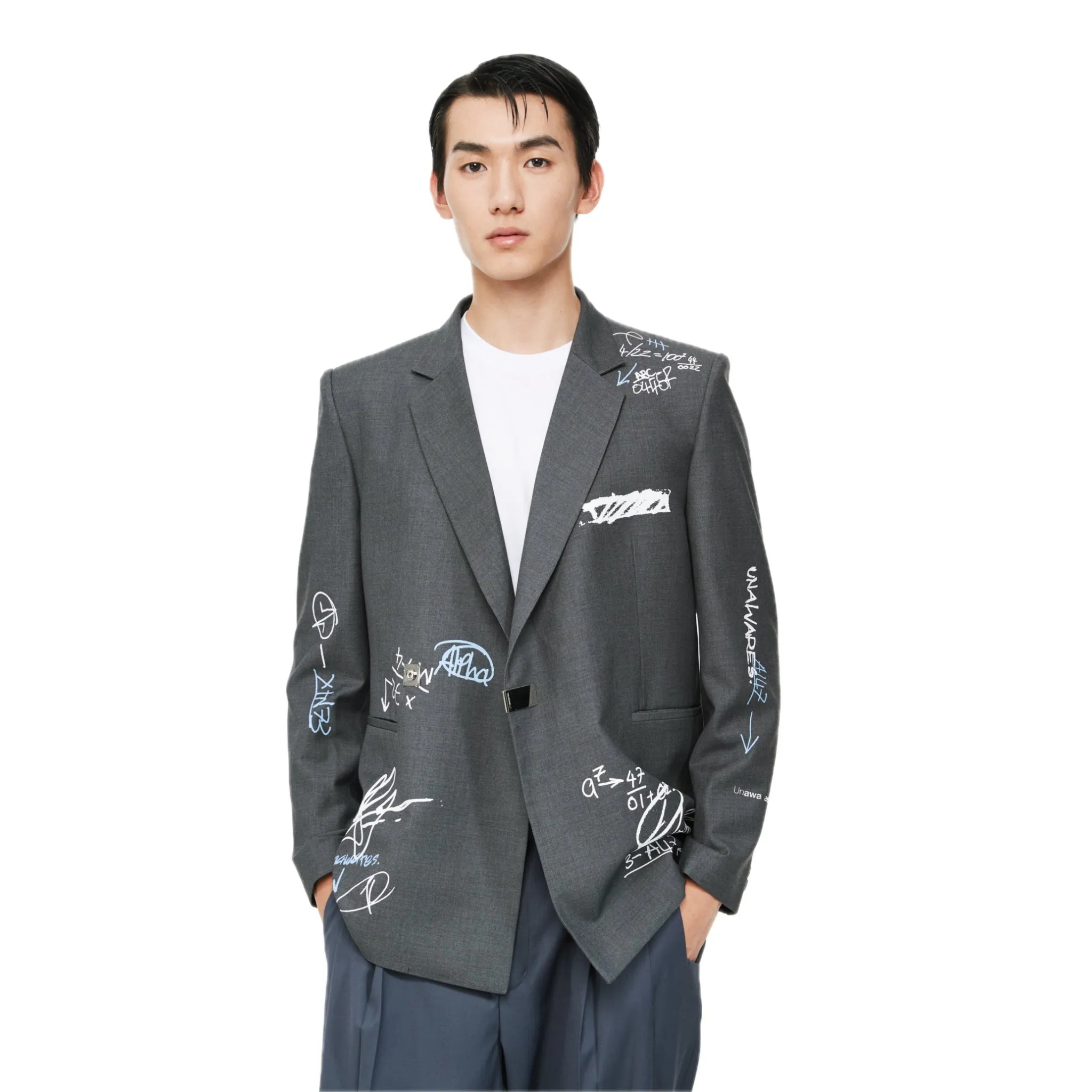 Grey Customized Graffiti Printed Double-Breasted Jacket