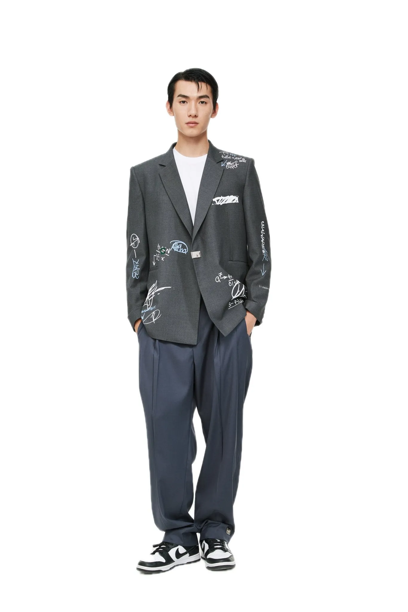 Grey Customized Graffiti Printed Double-Breasted Jacket