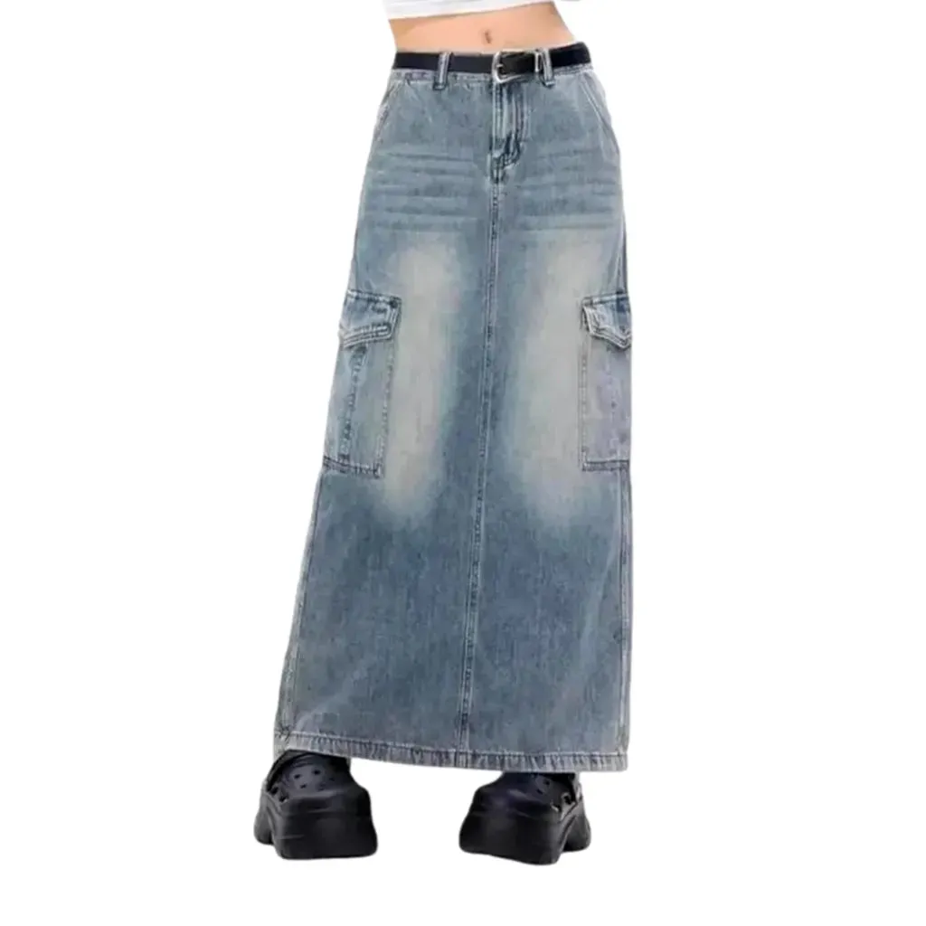 High-rise faded wash jean skirt