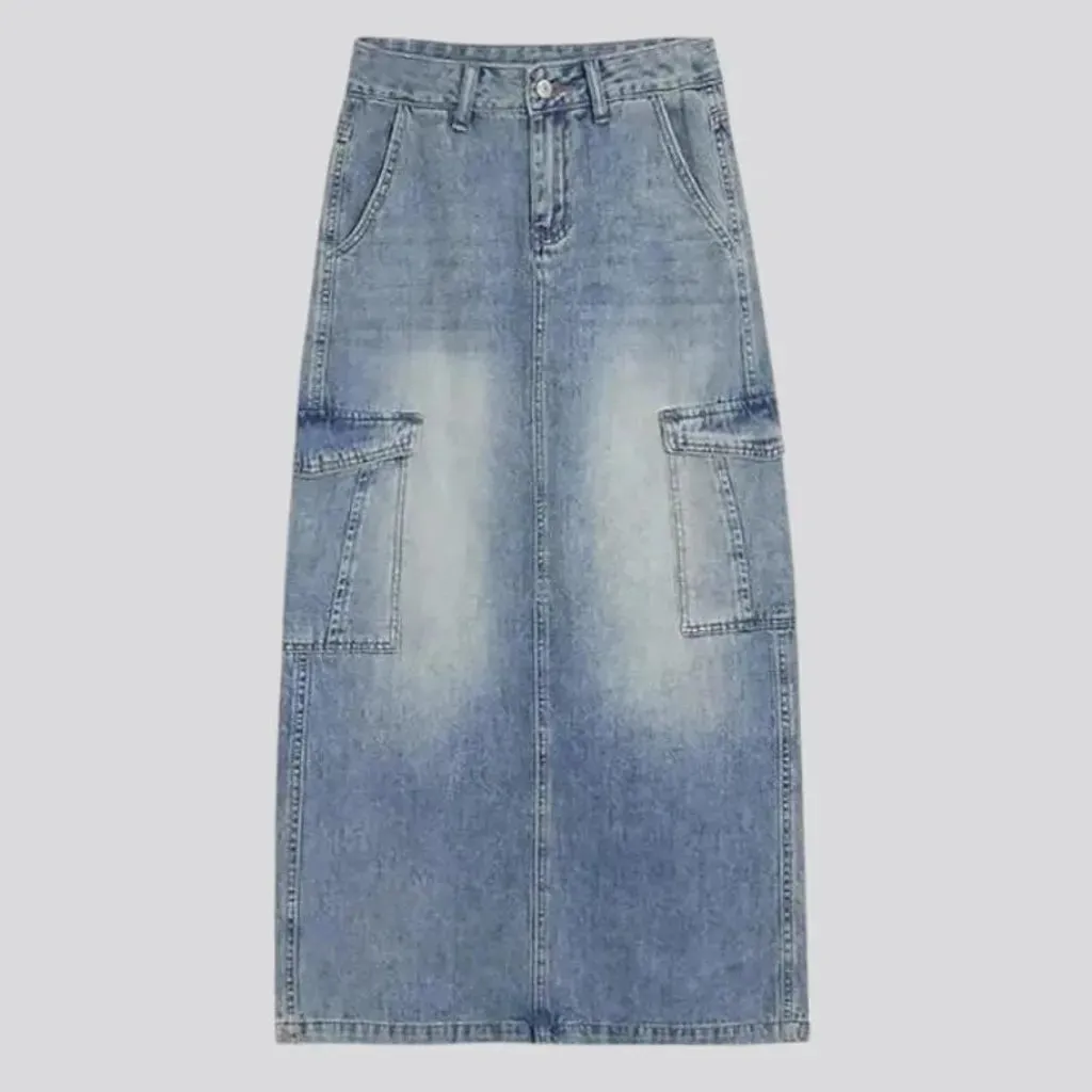 High-rise faded wash jean skirt