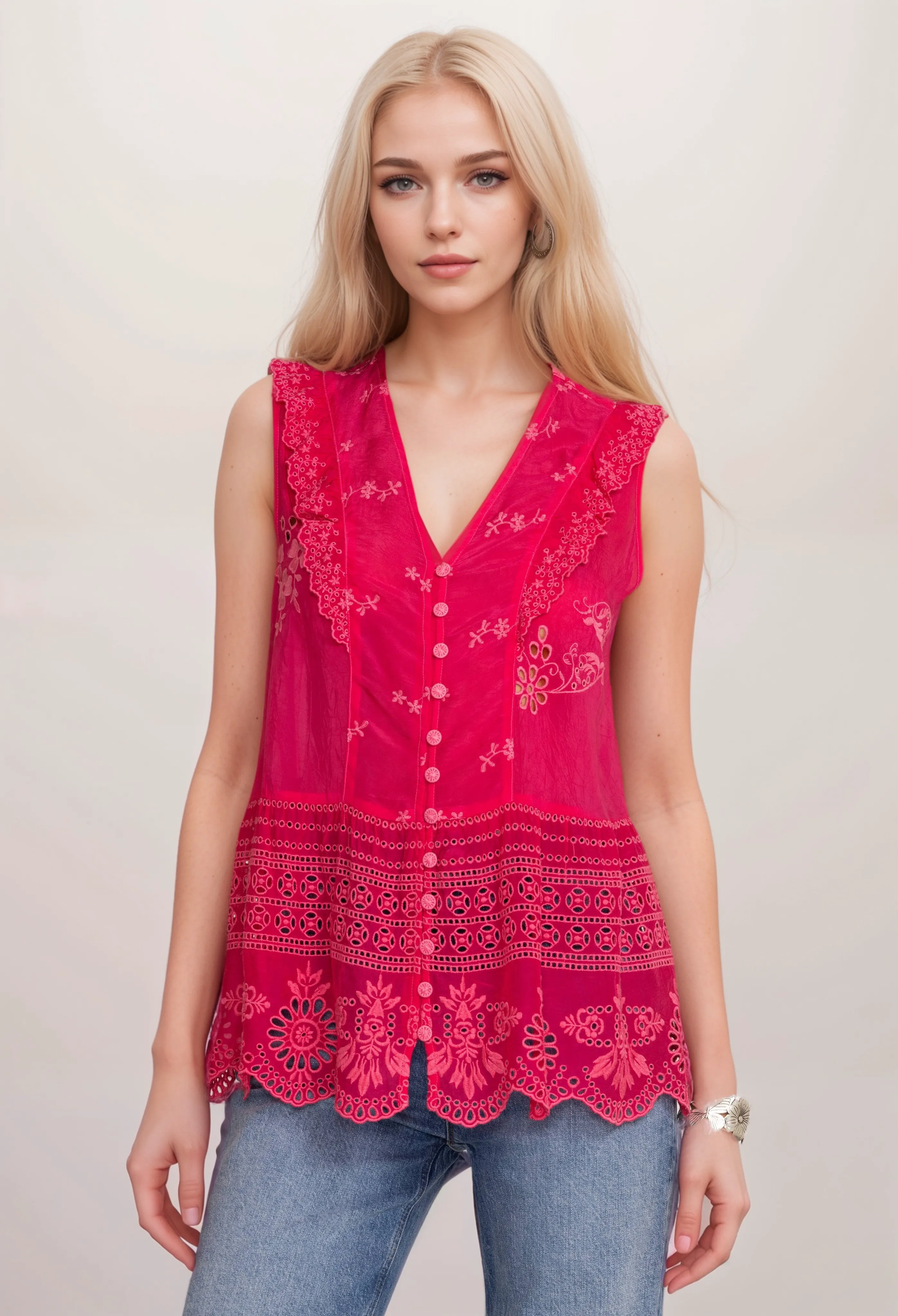 Johnny Was Rodeo Anitta V-Neck Blouse Boho Chic C12424 *