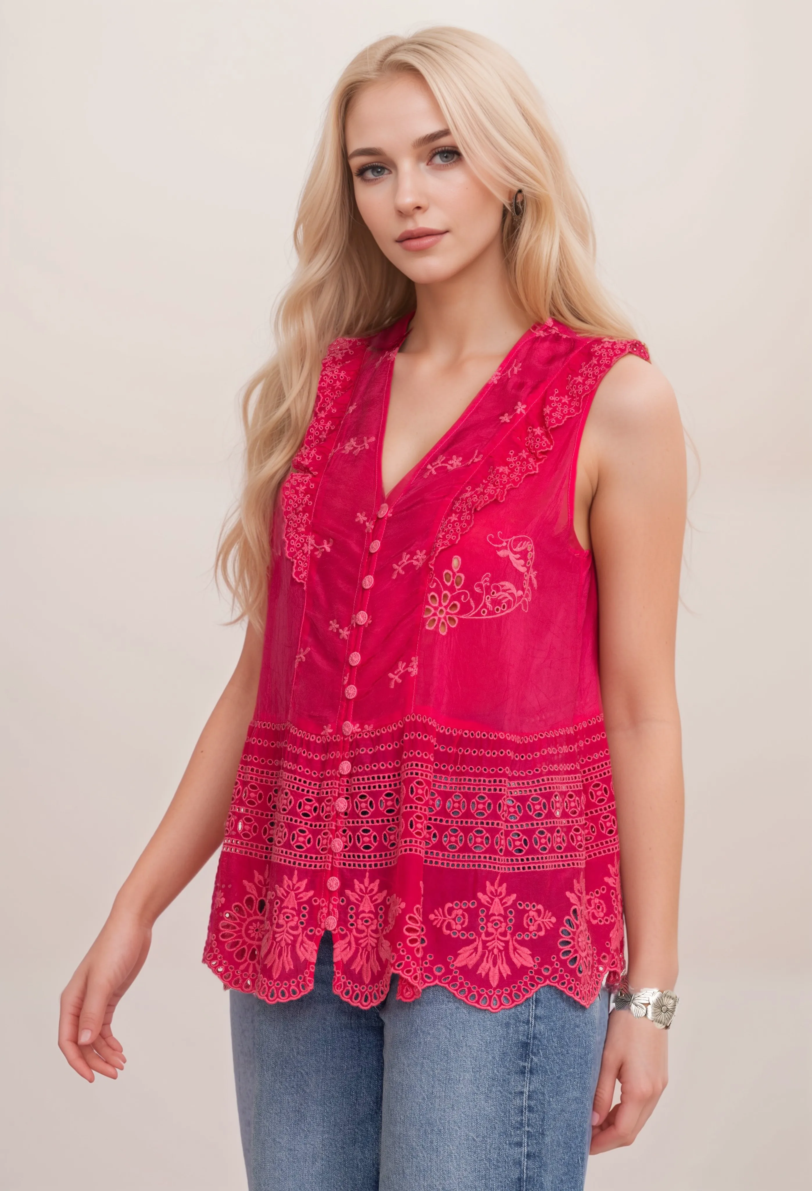 Johnny Was Rodeo Anitta V-Neck Blouse Boho Chic C12424 *