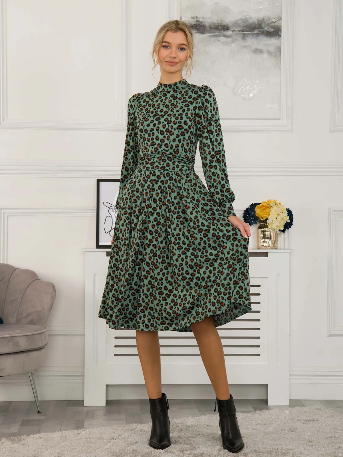 Jolie Moi Kathryn Long Sleeve Midi Dress, Green Animal