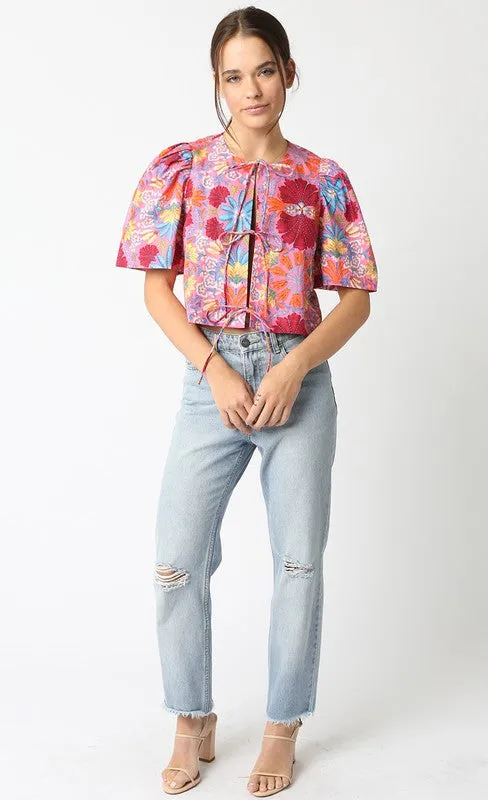 Juniper Short Puff Sleeve Front Tie Floral Print Top Pink