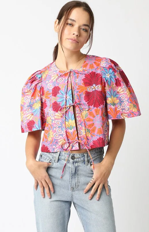 Juniper Short Puff Sleeve Front Tie Floral Print Top Pink
