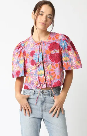Juniper Short Puff Sleeve Front Tie Floral Print Top Pink