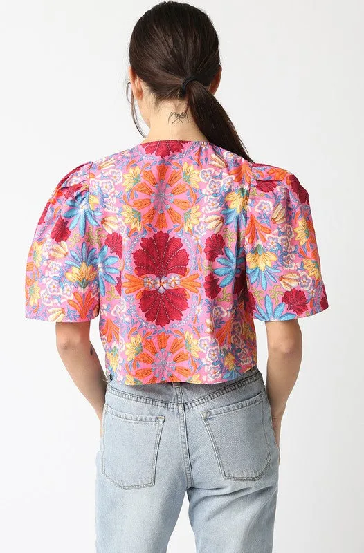 Juniper Short Puff Sleeve Front Tie Floral Print Top Pink