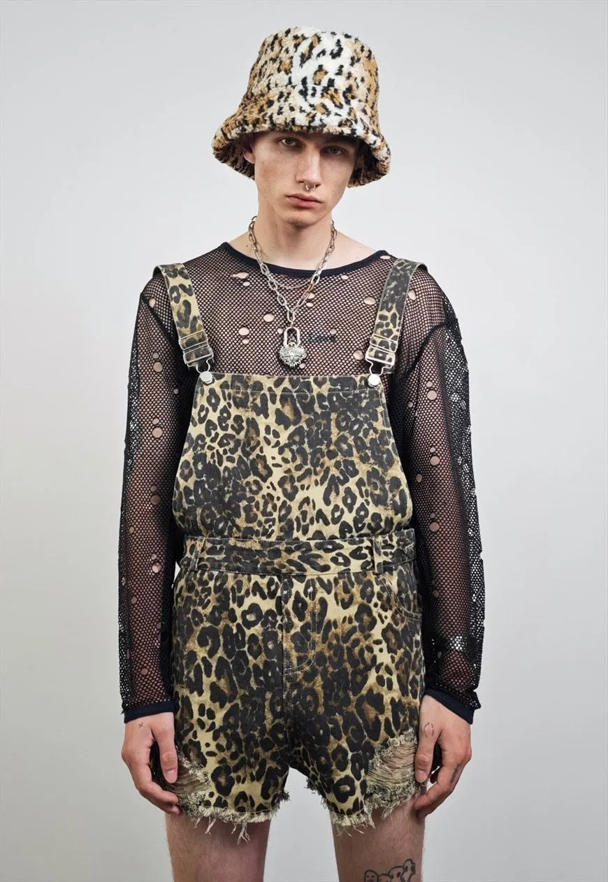 Leopard dungaree shorts animal print ripped playsuit brown