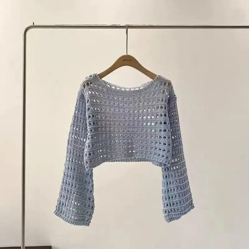Long Sleeve Crochet Knit Top Summer Beach Cover Up Blouse