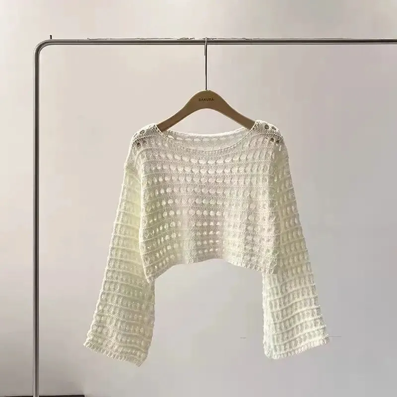 Long Sleeve Crochet Knit Top Summer Beach Cover Up Blouse