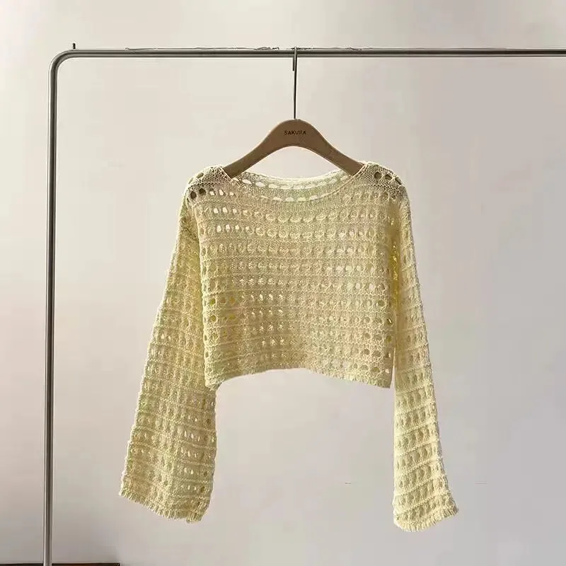 Long Sleeve Crochet Knit Top Summer Beach Cover Up Blouse
