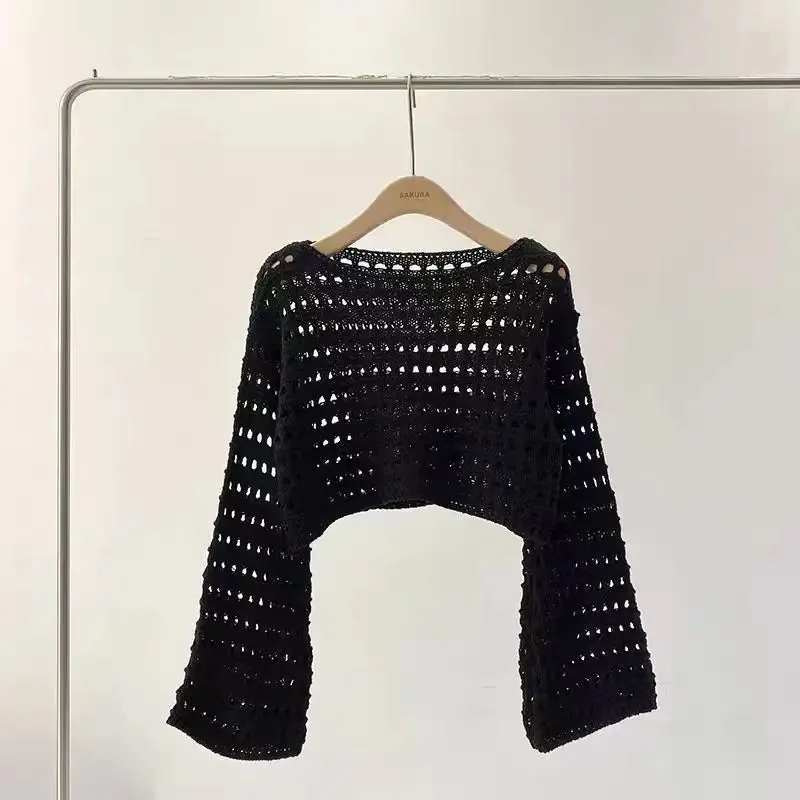 Long Sleeve Crochet Knit Top Summer Beach Cover Up Blouse