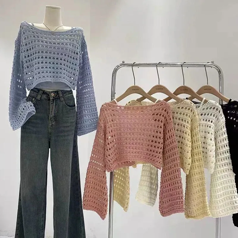 Long Sleeve Crochet Knit Top Summer Beach Cover Up Blouse