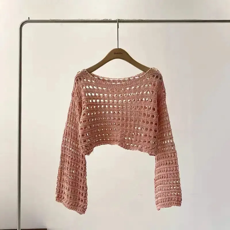 Long Sleeve Crochet Knit Top Summer Beach Cover Up Blouse