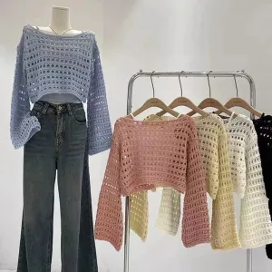 Long Sleeve Crochet Knit Top Summer Beach Cover Up Blouse