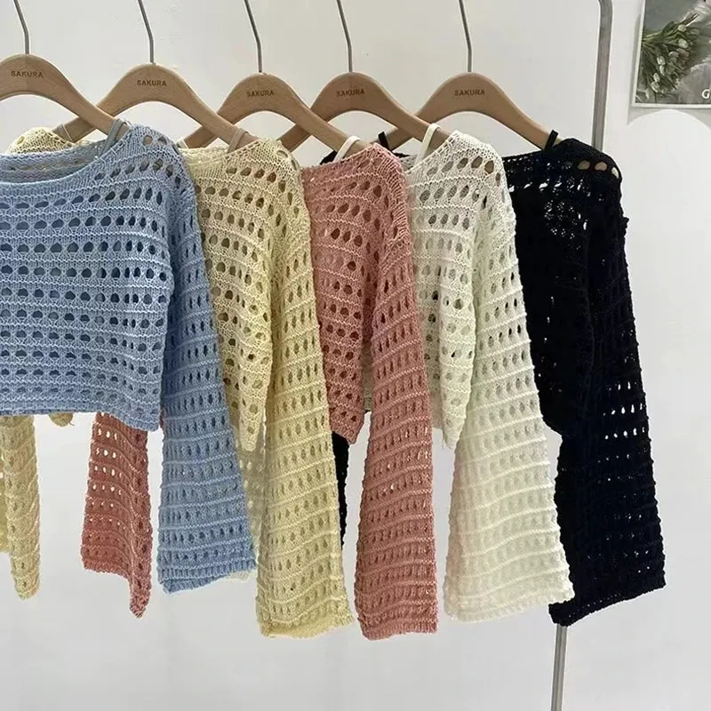 Long Sleeve Crochet Knit Top Summer Beach Cover Up Blouse
